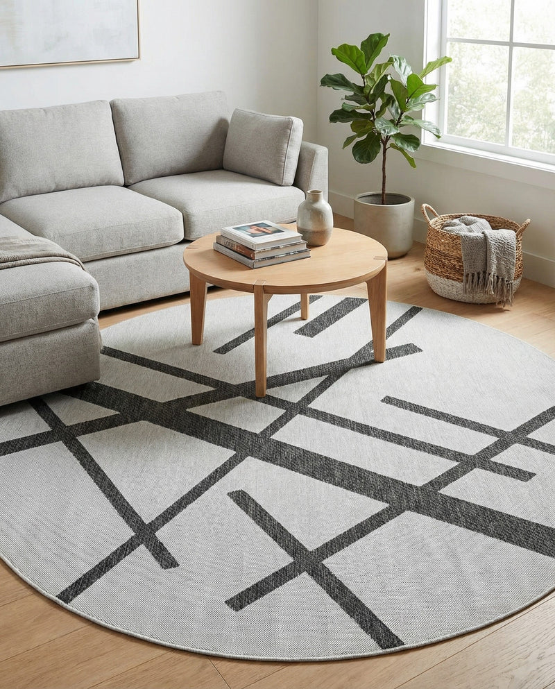 Urban Terrace Collection Area Rug -  Bowery Round Black and White  lifestyle 63
