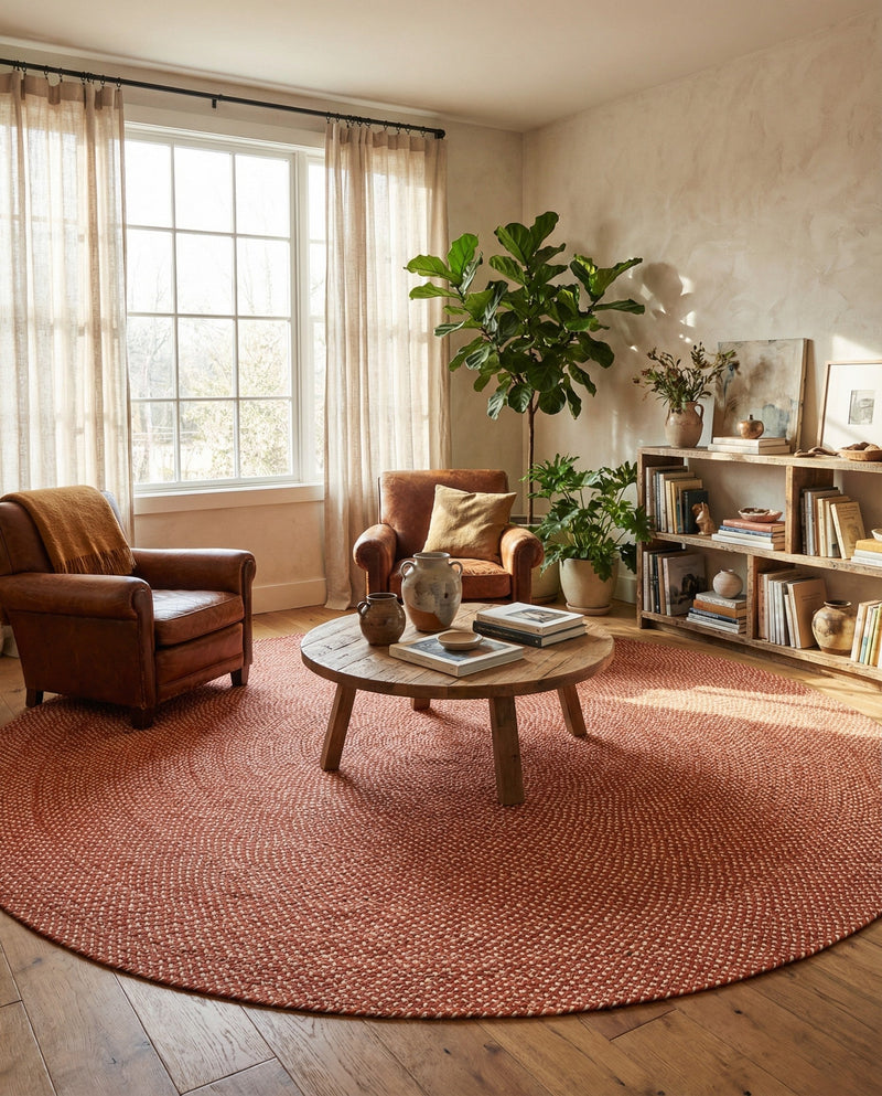 Highland Woven Jute Collection Area Rug - Glenmore (Rust Red) Round Rust Red  lifestyle 65