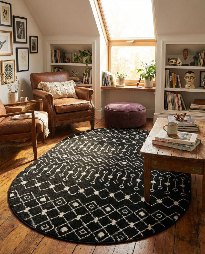 Mediterranean Lattice Collection Area Rug - Santorini (Black and White) Oval Black and White  lifestyle 53