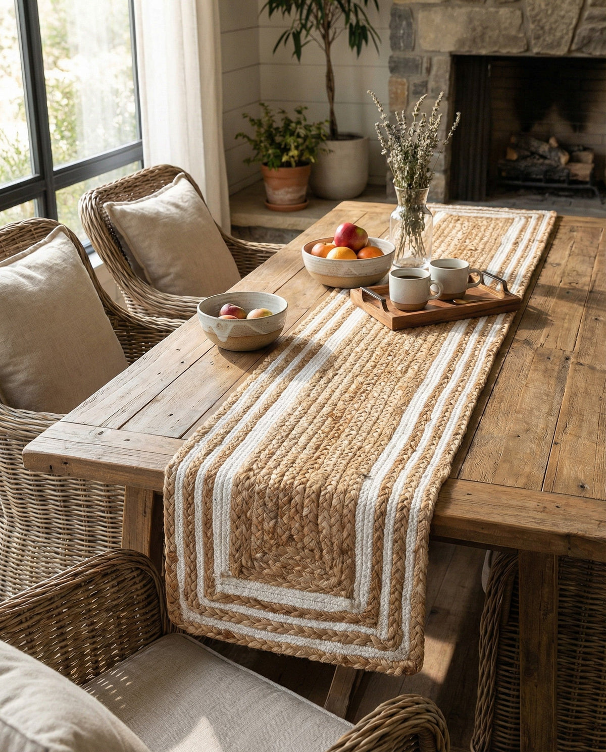 Woven Seaside Jute Collection Area Rug - Nantucket Table Runner Natural and White  lifestyle 80