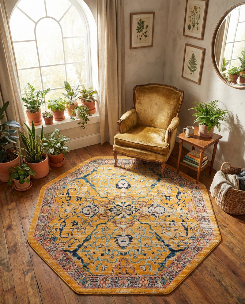 Seville Stripes Collection Area Rug -  Malaga (Yellow) Octagon Yellow  lifestyle 25