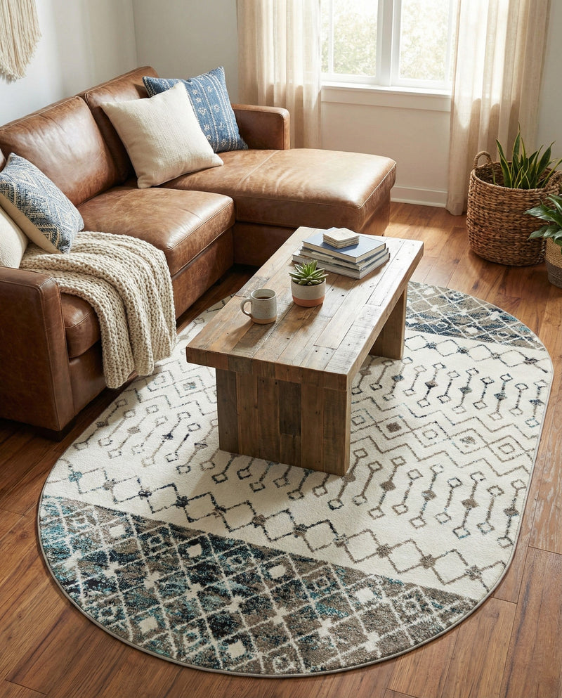 Mediterranean Lattice Collection Area Rug -  Casablanca (Ivory Gray Blue) Oval Ivory Gray Blue  lifestyle 64