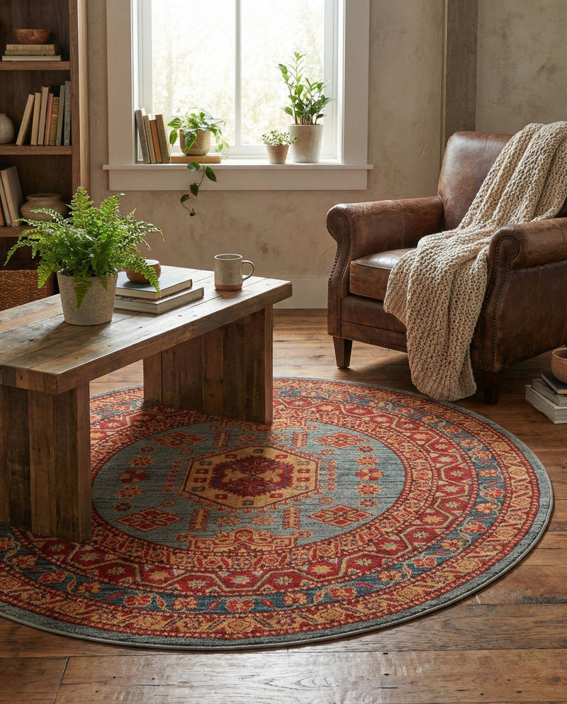 Persian Elegance Collection Area Rug -  Bushehr Round Light Blue  lifestyle 60
