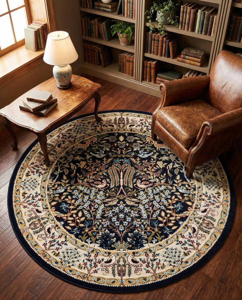 Persian Elegance Collection Area Rug -  Kerman (Navy Blue) Round Navy Blue  lifestyle 39