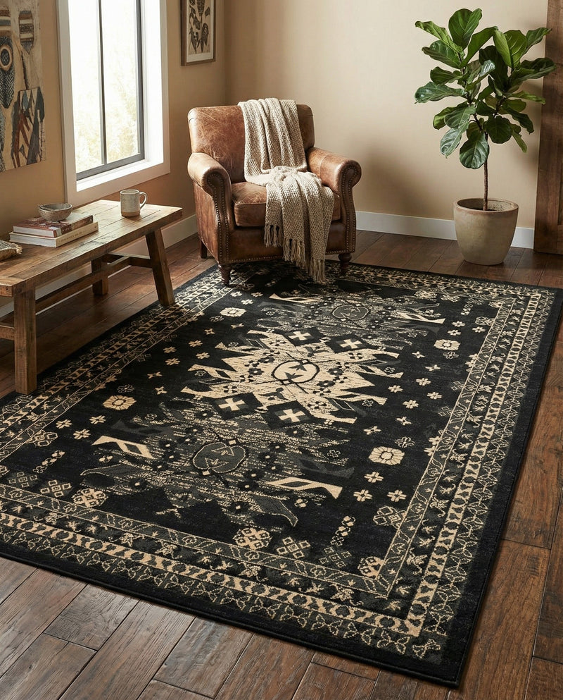 Tabriz Tapestries Collection Area Rug - Azerbaijan (Black) Rectangle Black  lifestyle 9
