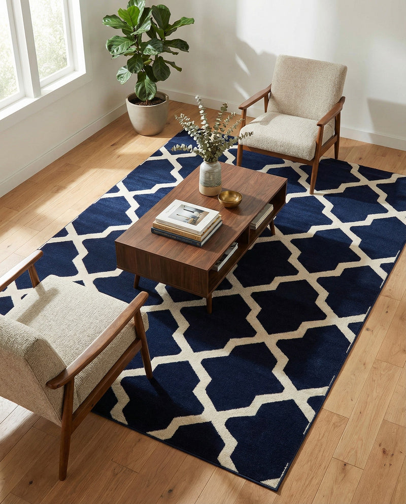 Lattice Gardens Collection Area Rug -  Floratown Rectangle Navy Blue  lifestyle 3