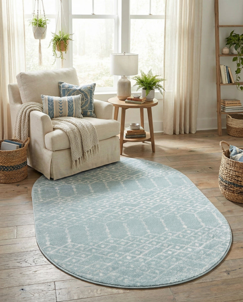 Marrakesh Lattice Collection Area Rug - Casablanca (Aqua) Oval Aqua  lifestyle 74