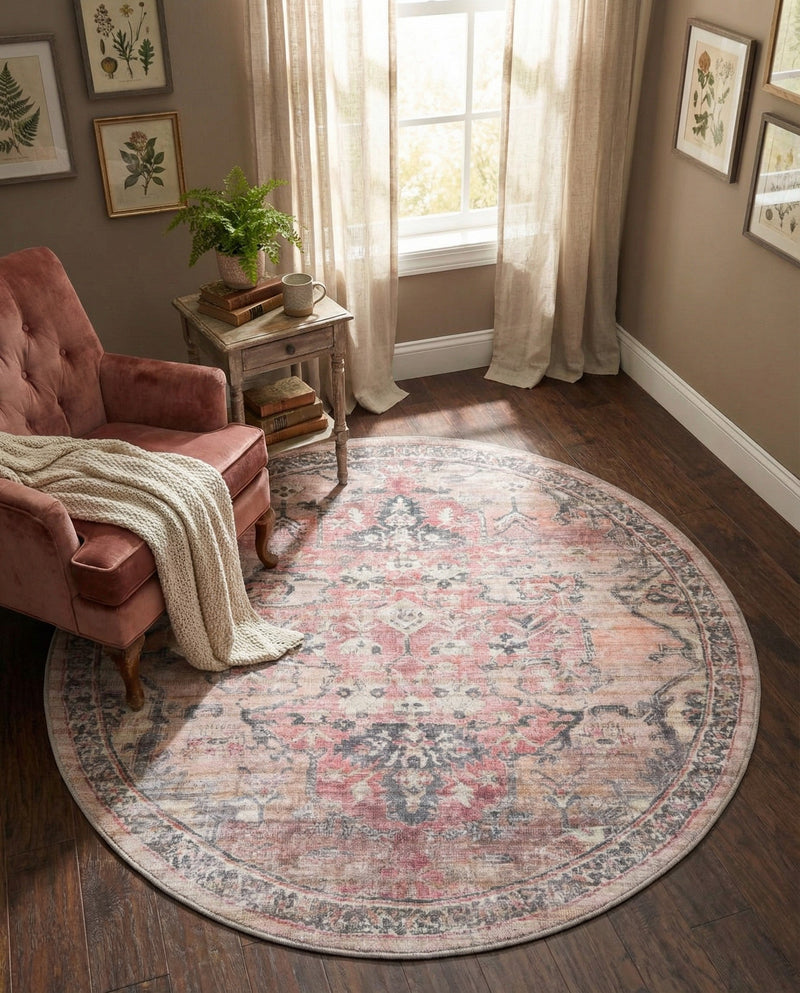 Vintage Memories Collection Area Rug - Echoes Round Beige pink  lifestyle 74