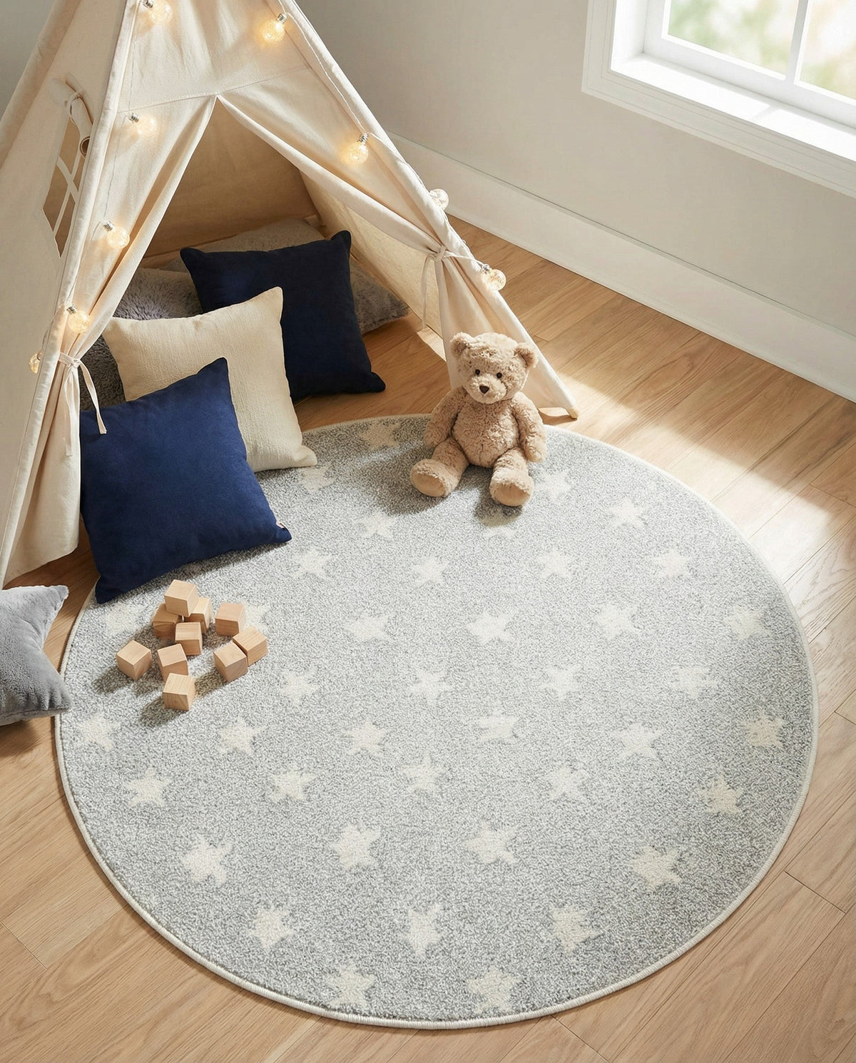 Wonder Tykes Collection Area Rug -  Mosaic Round Cloud Gray  lifestyle 154