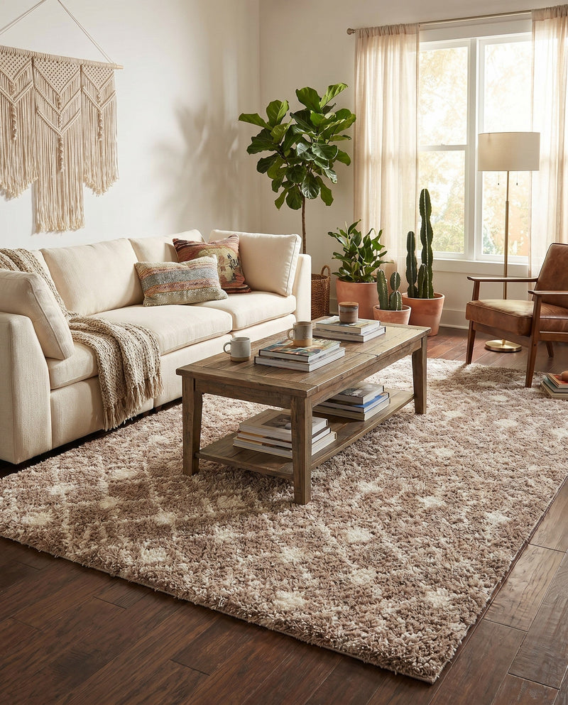 Berber Lattice Shag Collection Area Rug - Atlas (Light Brown) Rectangle Light Brown  lifestyle 13