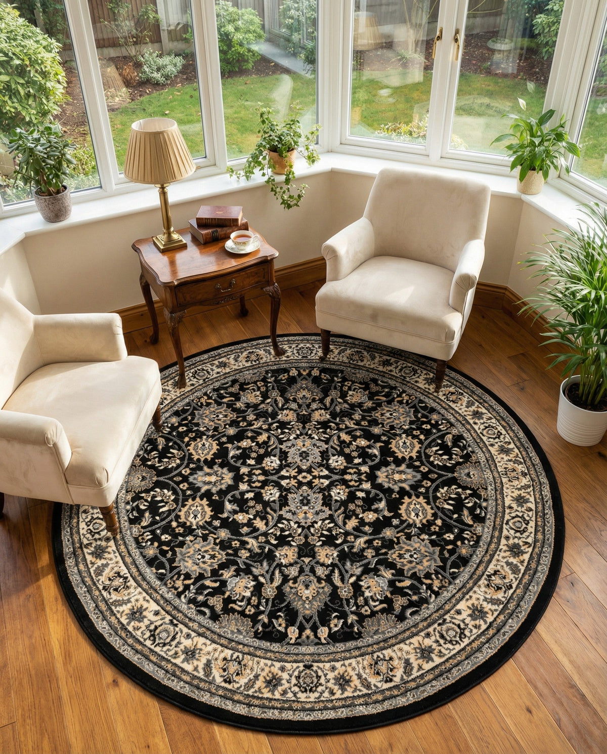 Isfahan Elegance Collection Area Rug - Naghsh-e Jahan (Black) Round Black  lifestyle 129
