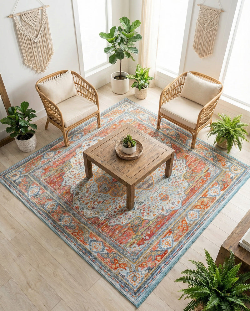 Caribbean Breeze Collection Area Rug -  Floriana Square Light Blue  lifestyle 64