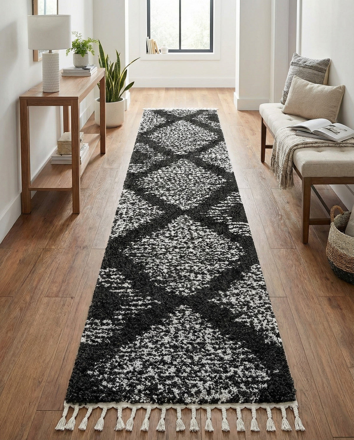 Tranquil Tides Shag Collection Area Rug -  Azure Runner Black and White  lifestyle 187