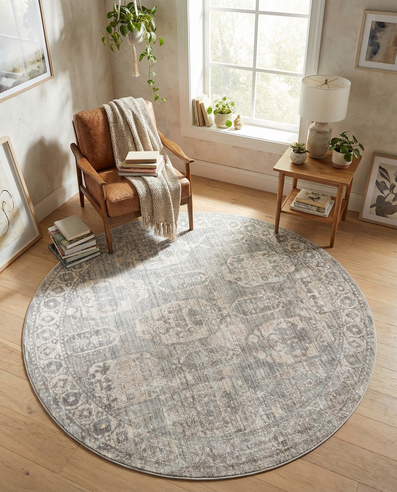 Seville Stripes Collection Area Rug -  Granada (Gray) Round Gray  lifestyle 48