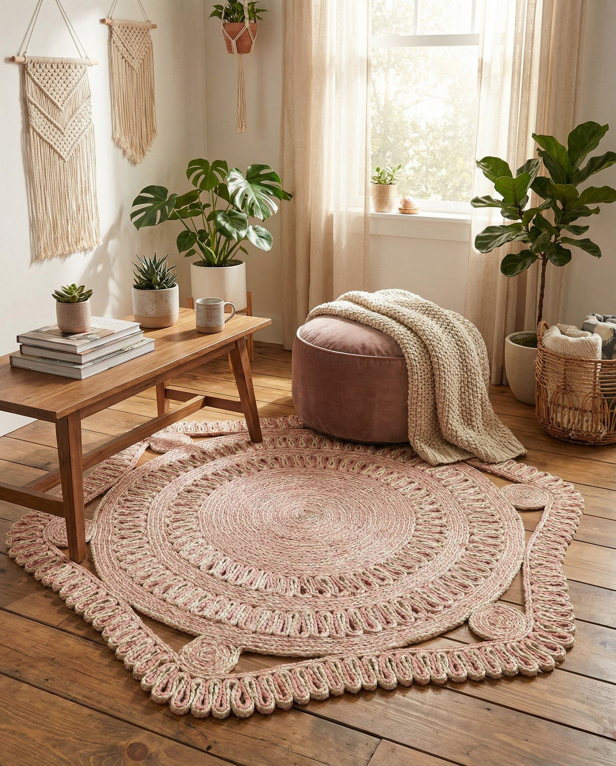 Woven Seaside Jute Collection Area Rug - Nantucket Round Pink and White  lifestyle 83