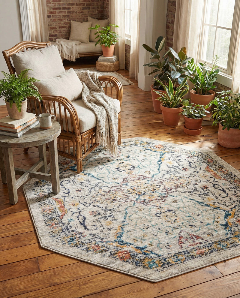 Seville Stripes Collection Area Rug -  Malaga (Ivory) Octagon Ivory  lifestyle 39