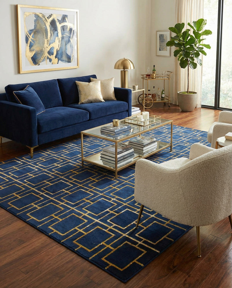 Hollywood Luxe Collection Area Rug -  Beverly (Navy Blue Gold) Rectangle Navy Blue Gold  lifestyle 9