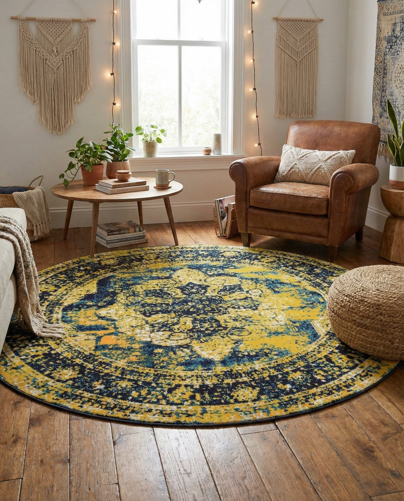 Riviera Elegance Collection Area Rug -  Menton (Navy Blue) Round Navy Blue  lifestyle 54