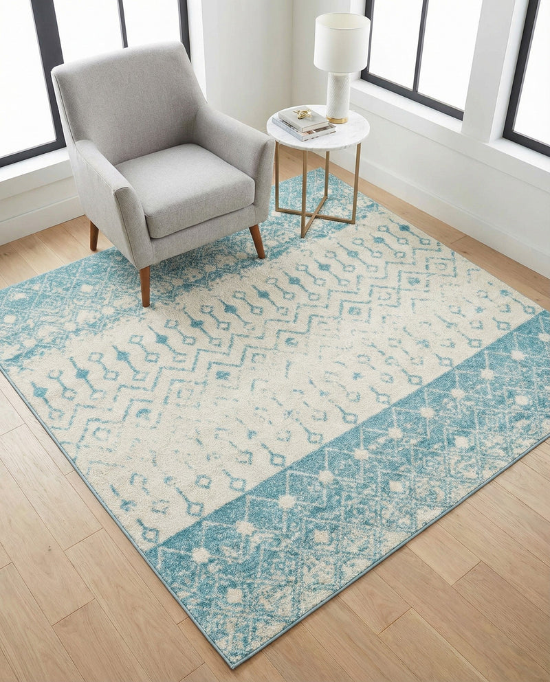 Mediterranean Lattice Collection Area Rug -  Casablanca (Ivory Blue) Square Ivory Blue  lifestyle 73