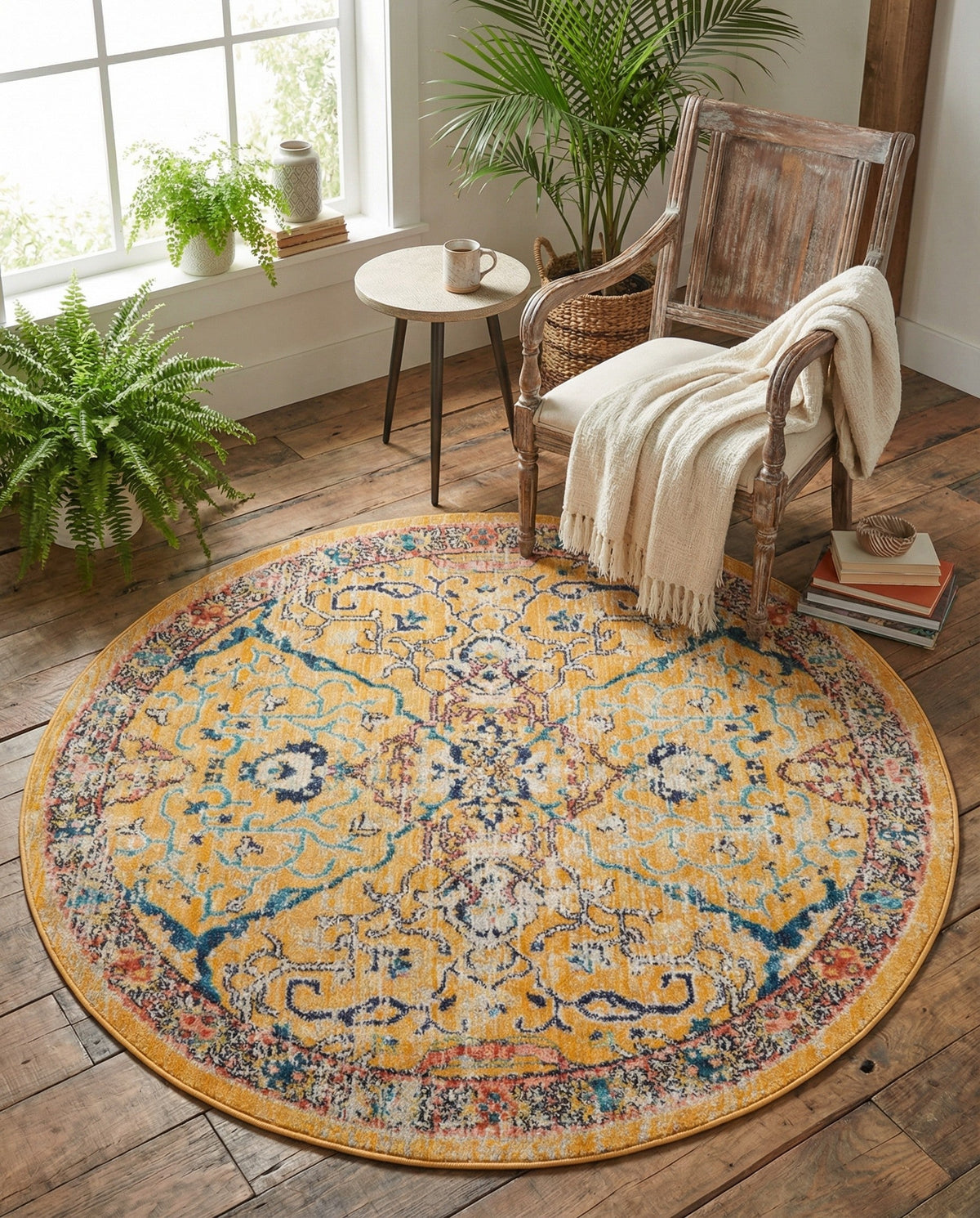 Seville Stripes Collection Area Rug -  Malaga (Yellow) Round Yellow  lifestyle 90