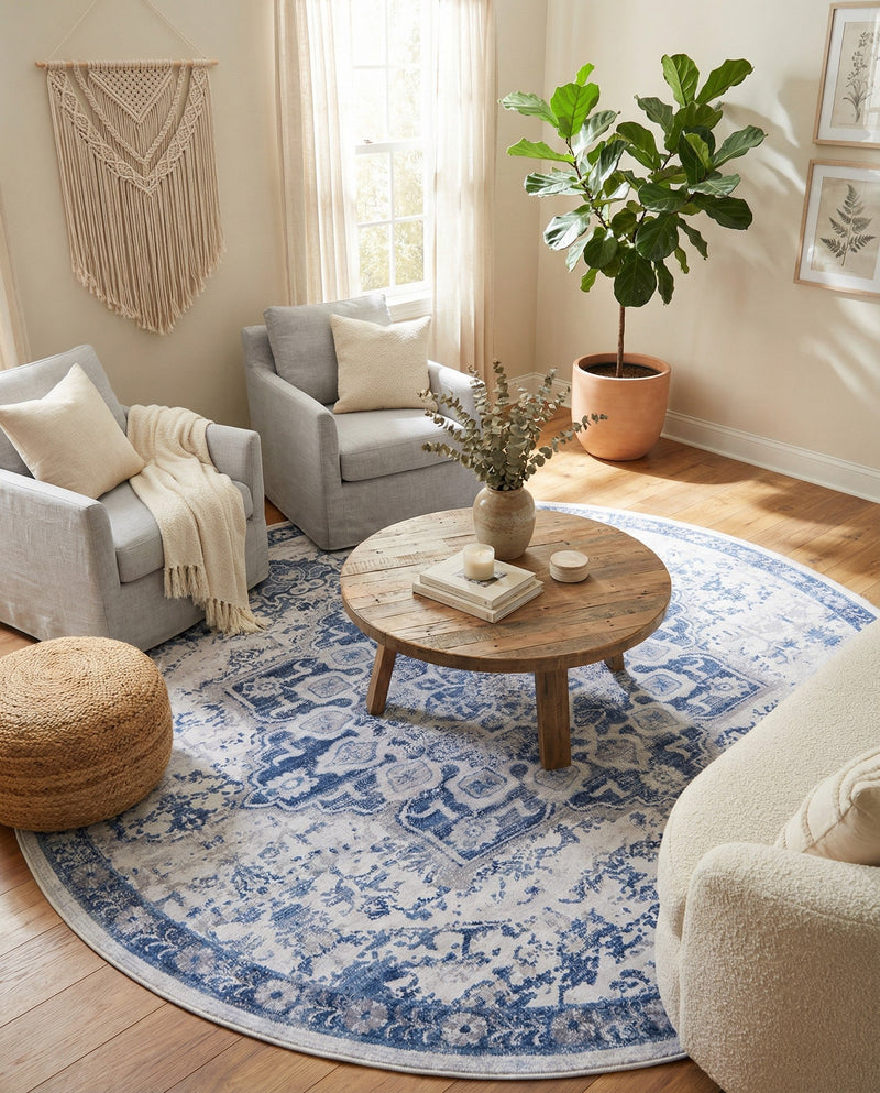 Baroque Era Collection Area Rug - Versailles (Gray Blue) Round Gray Blue  lifestyle 62