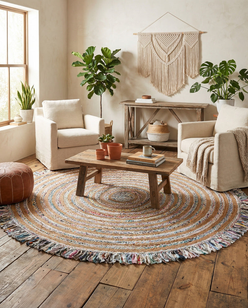Osian Looms Collection Area Rug - Kathmandu Round Multi White  lifestyle 38