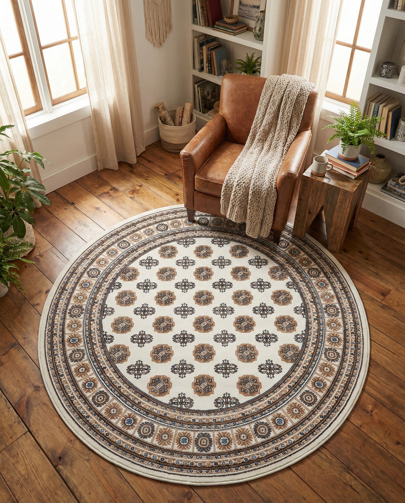 Samarkand Elegance Collection Area Rug -  Margilan (Ivory) Round Ivory  lifestyle 75
