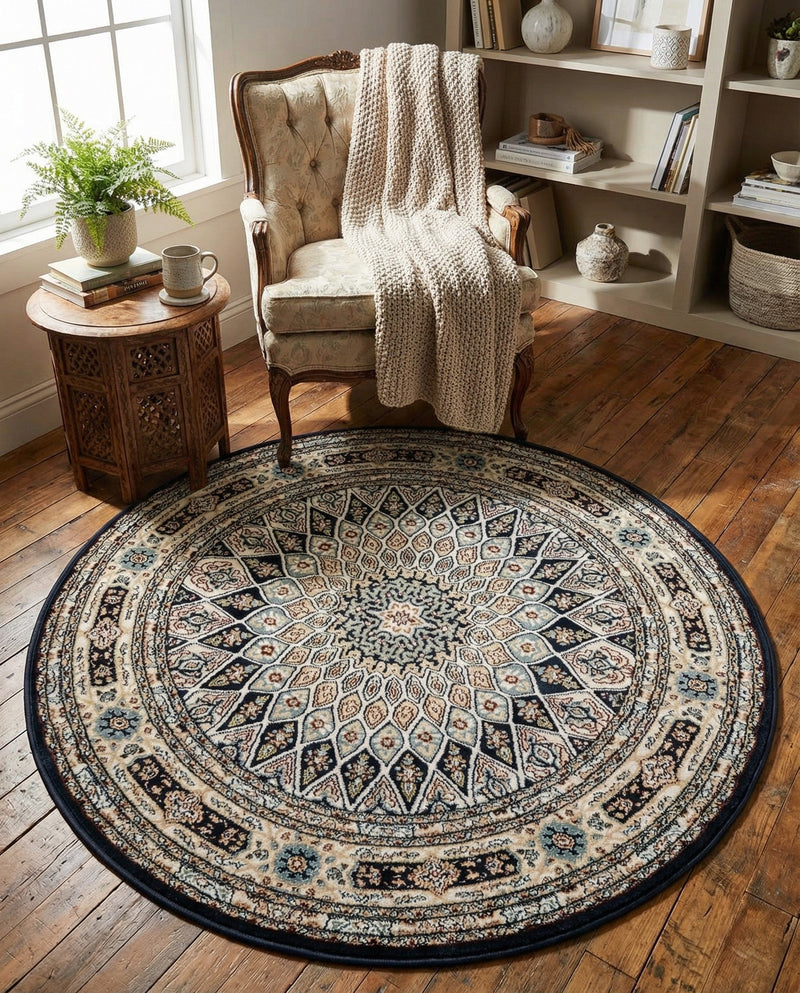 Persian Elegance Collection Area Rug -  Hamedan (Navy Blue) Round Navy Blue  lifestyle 33