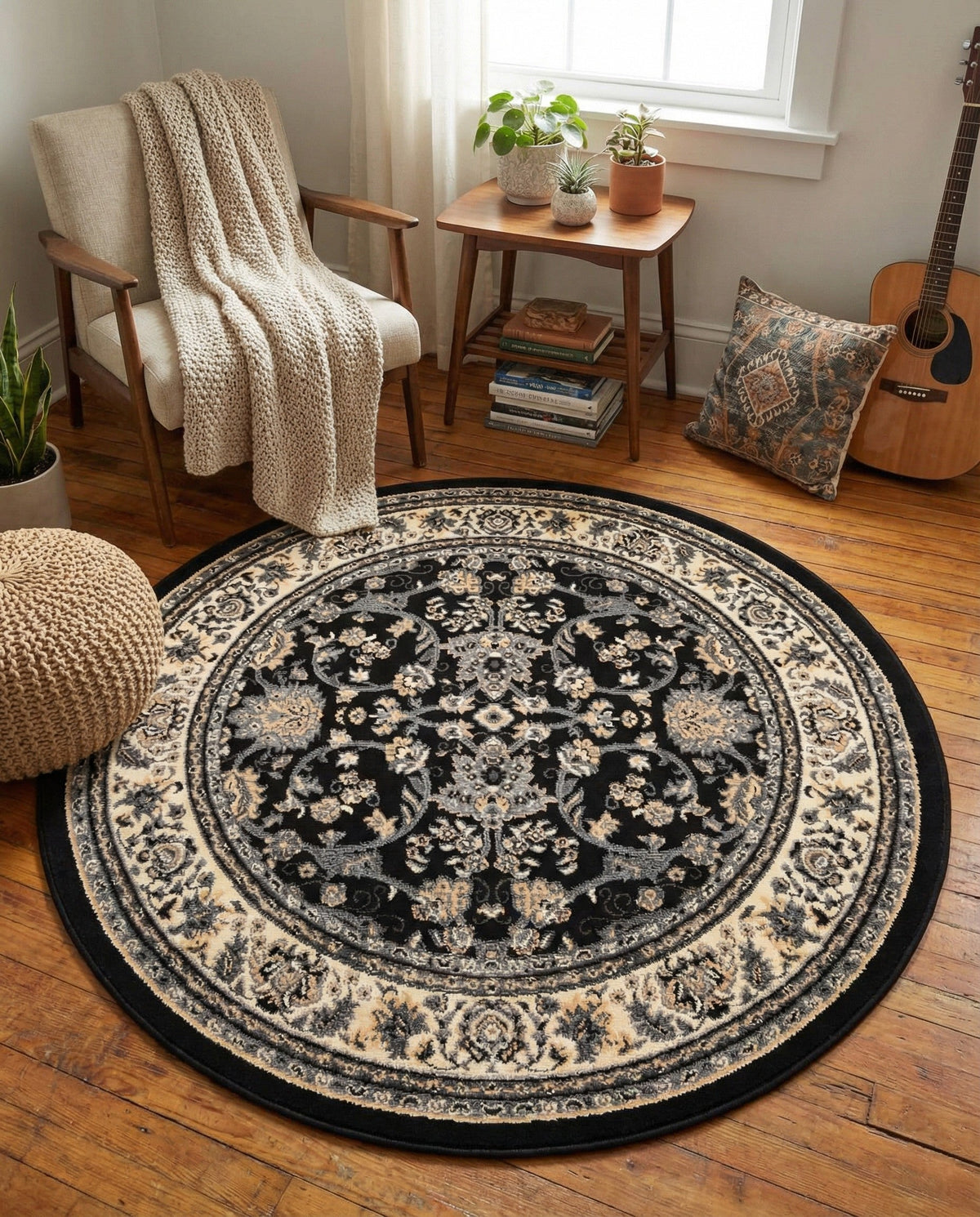 Isfahan Elegance Collection Area Rug - Naghsh-e Jahan (Black) Round Black  lifestyle 85