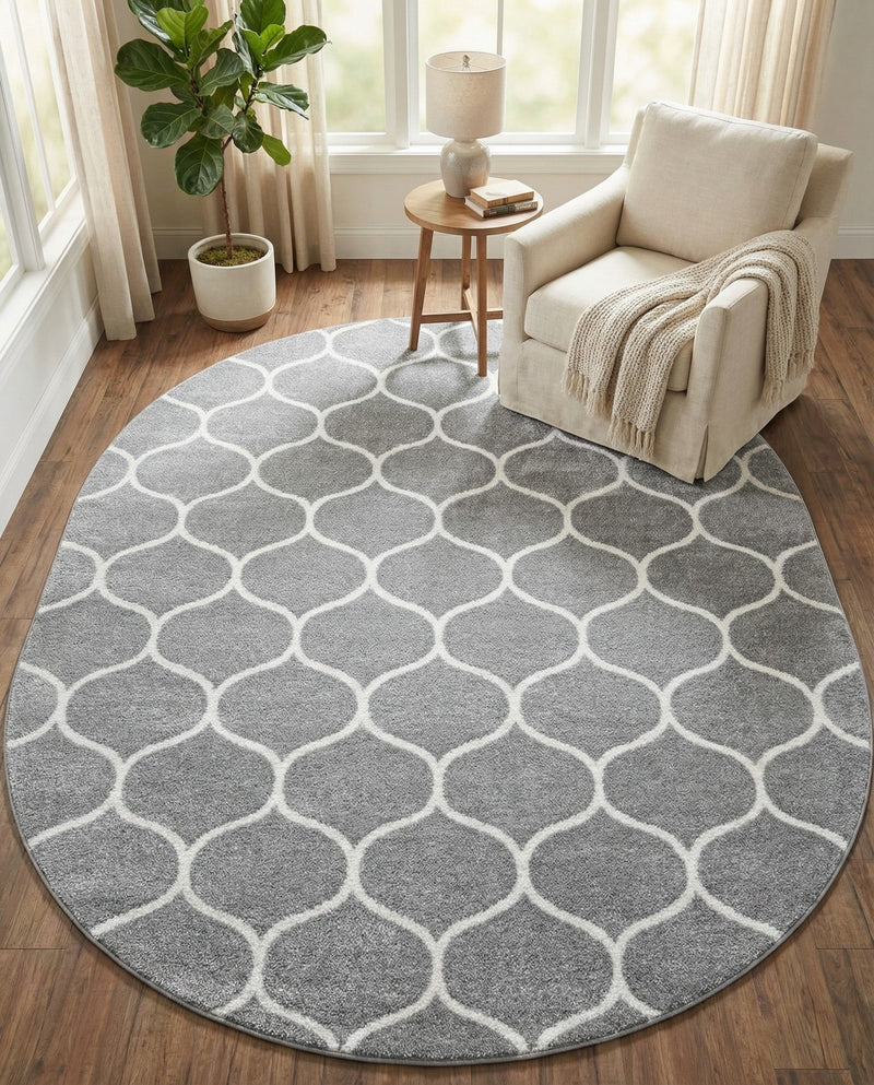 Trellis Mosaic Collection Area Rug -  Pergolatown (Light Gray) Oval Light Gray  lifestyle 93