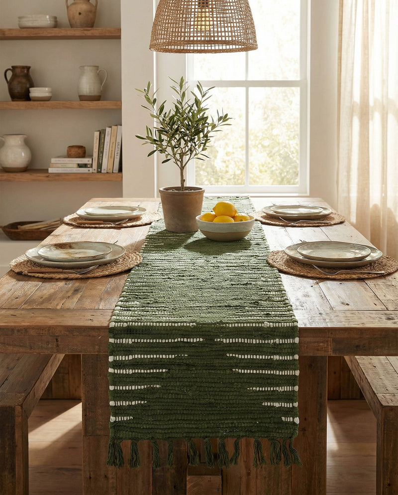 Thar Cotton Collection Area Rug - Jaisalmer (Green) Table Runner Green  lifestyle 74