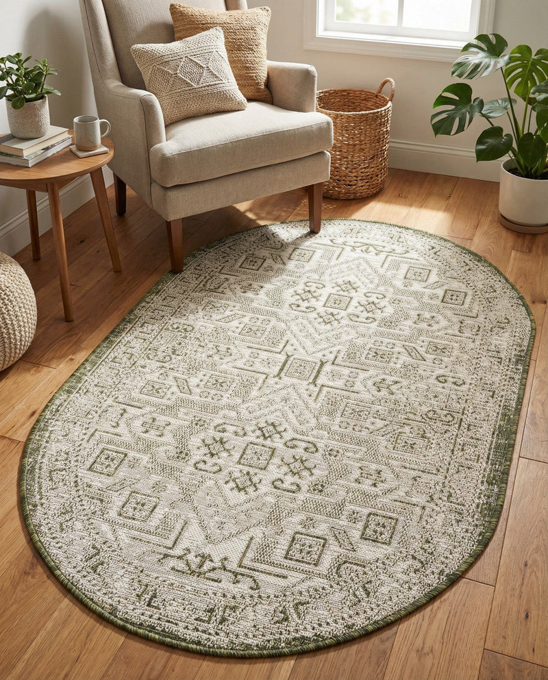 Tribal Terrace Treasures Collection Area Rug - Mayan Marina (Green) Oval Green  lifestyle 32
