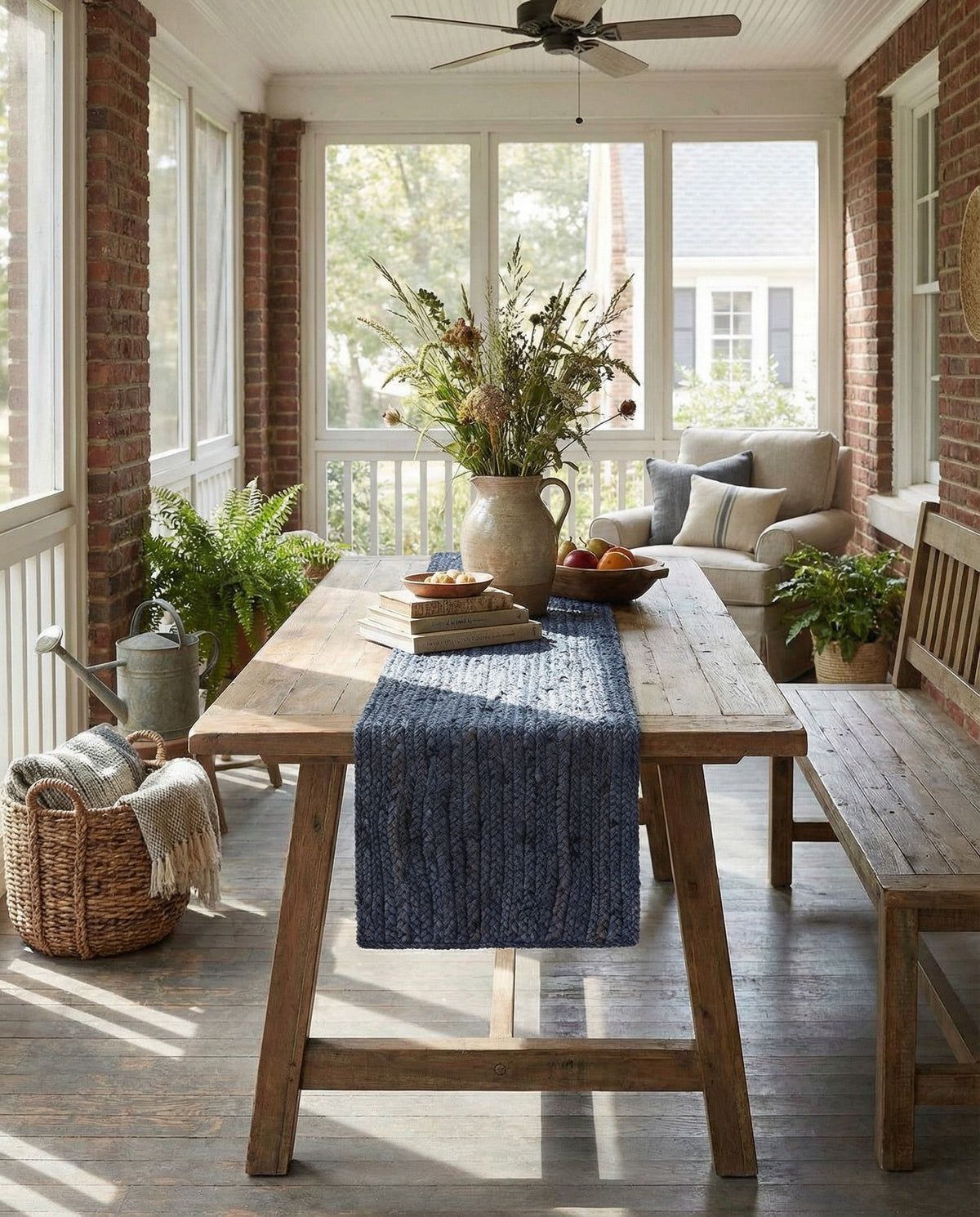 Woven Seaside Jute Collection Area Rug - Savannah (Navy Blue) Table Runner Navy Blue  lifestyle 98