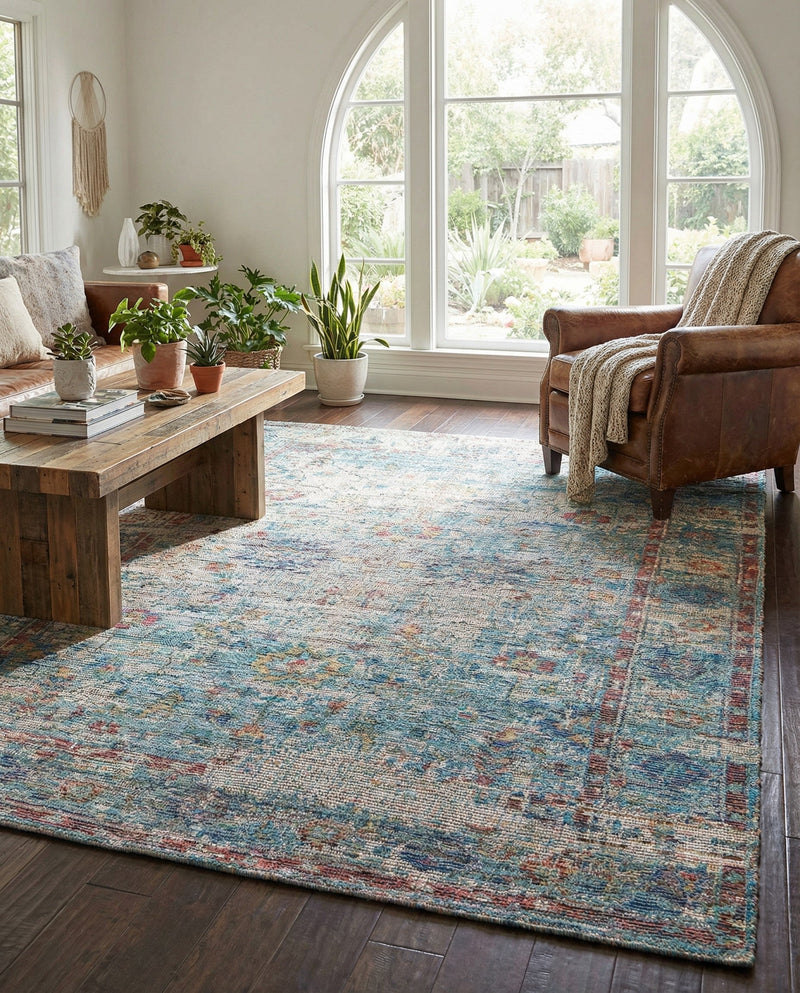 Savannah Threads Collection Area Rug - Tybee Rectangle Teal blue  lifestyle 6