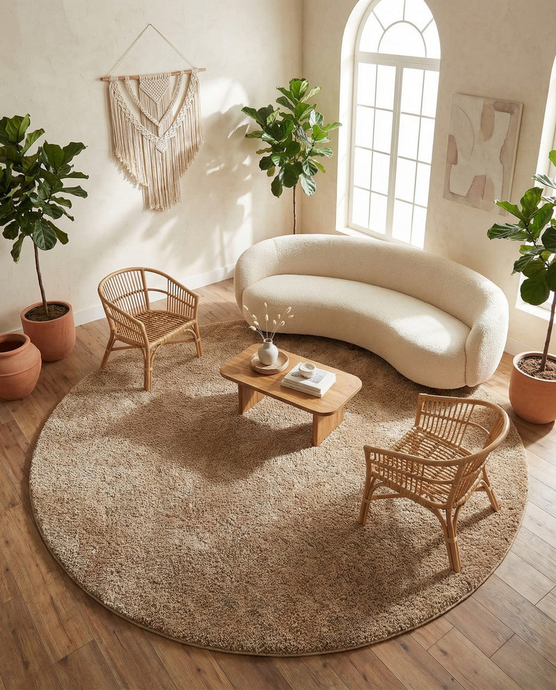 Solid Shag Seaside Collection Area Rug - Azure Cove (Light Brown) Round Light Brown  lifestyle 29