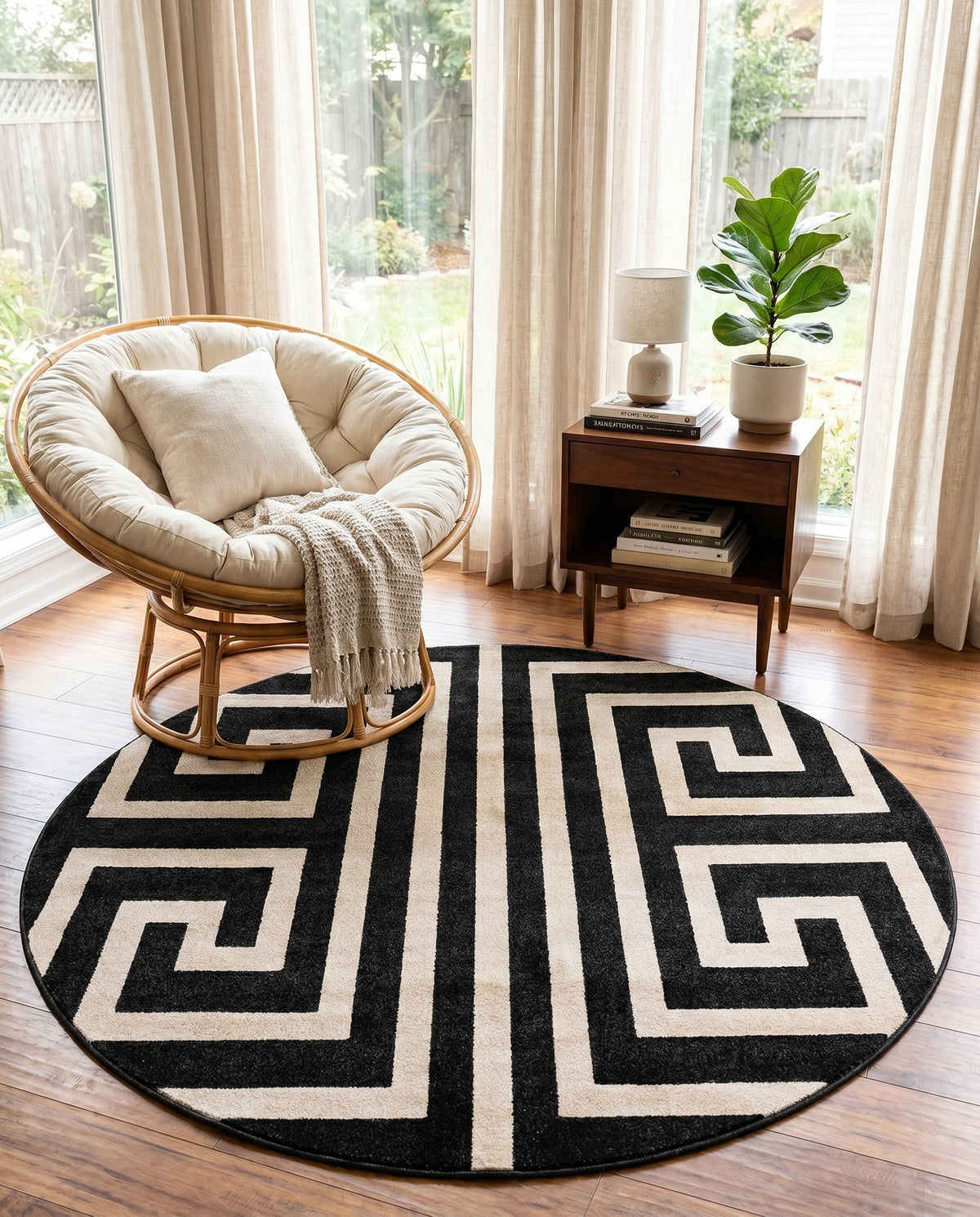 Aegean Labyrinth Collection Area Rug -  Mykonos Round Black  lifestyle 118