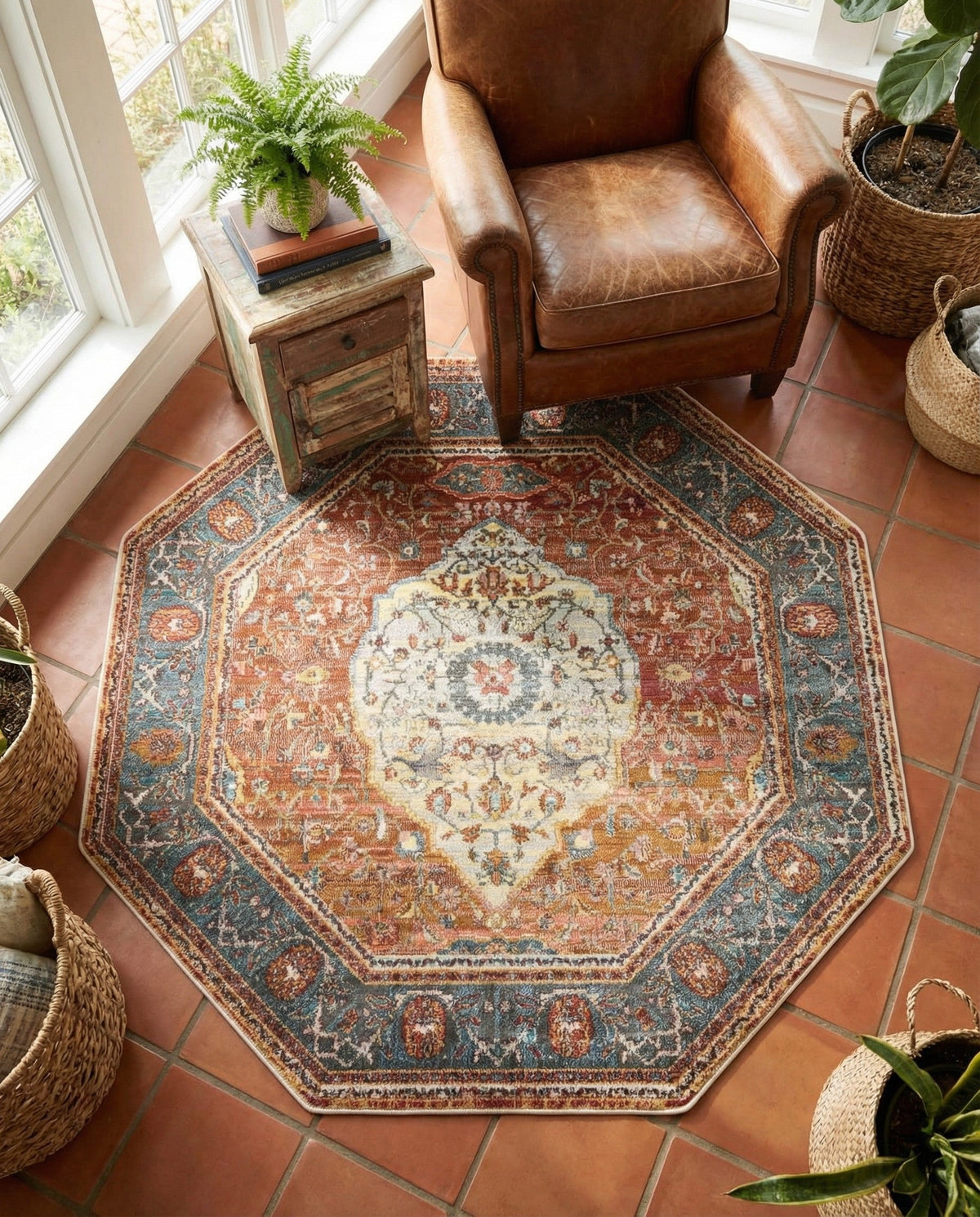 Caribbean Breeze Collection Area Rug -  Vieques Octagon Rust Red  lifestyle 96