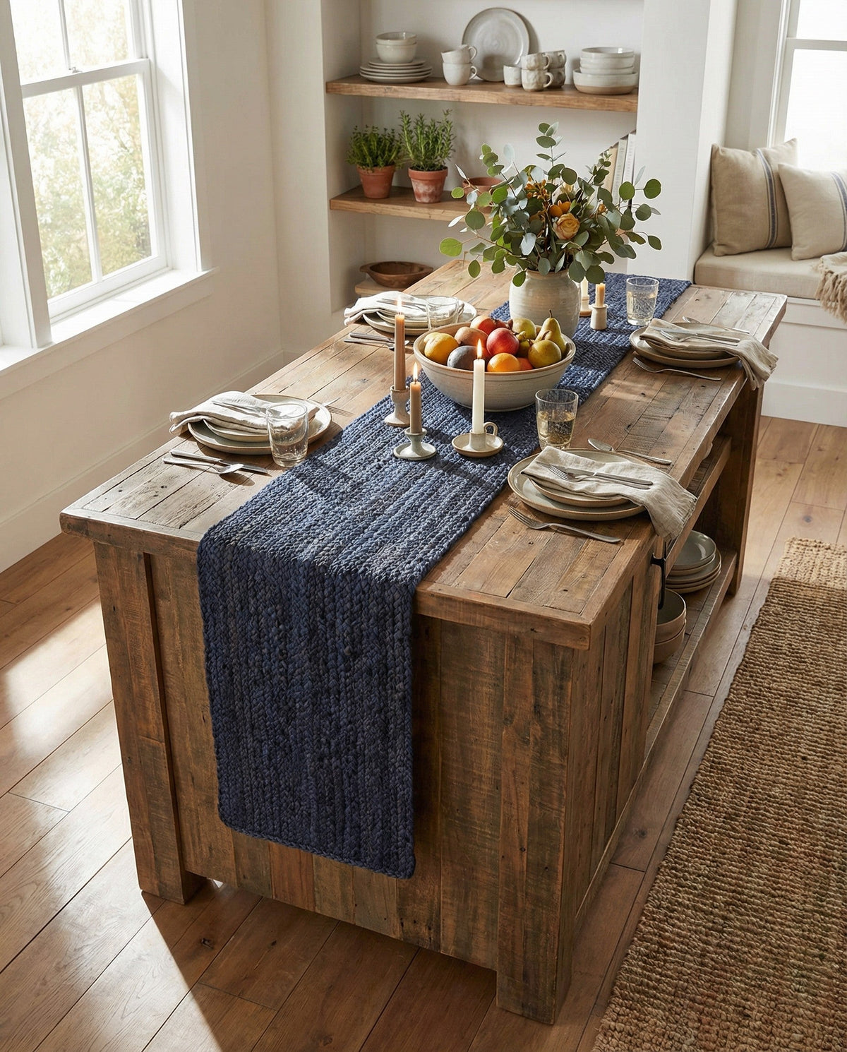 Woven Seaside Jute Collection Area Rug - Savannah (Navy Blue) Table Runner Navy Blue  lifestyle 103