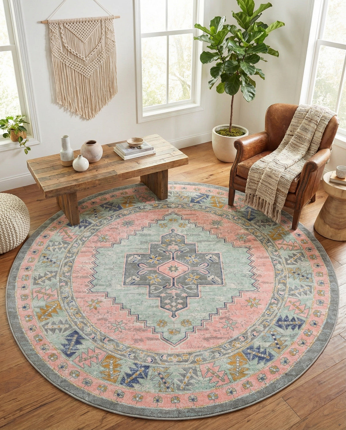 Savannah Series Collection Area Rug -  Augusta (Pink) Round Pink  lifestyle 114