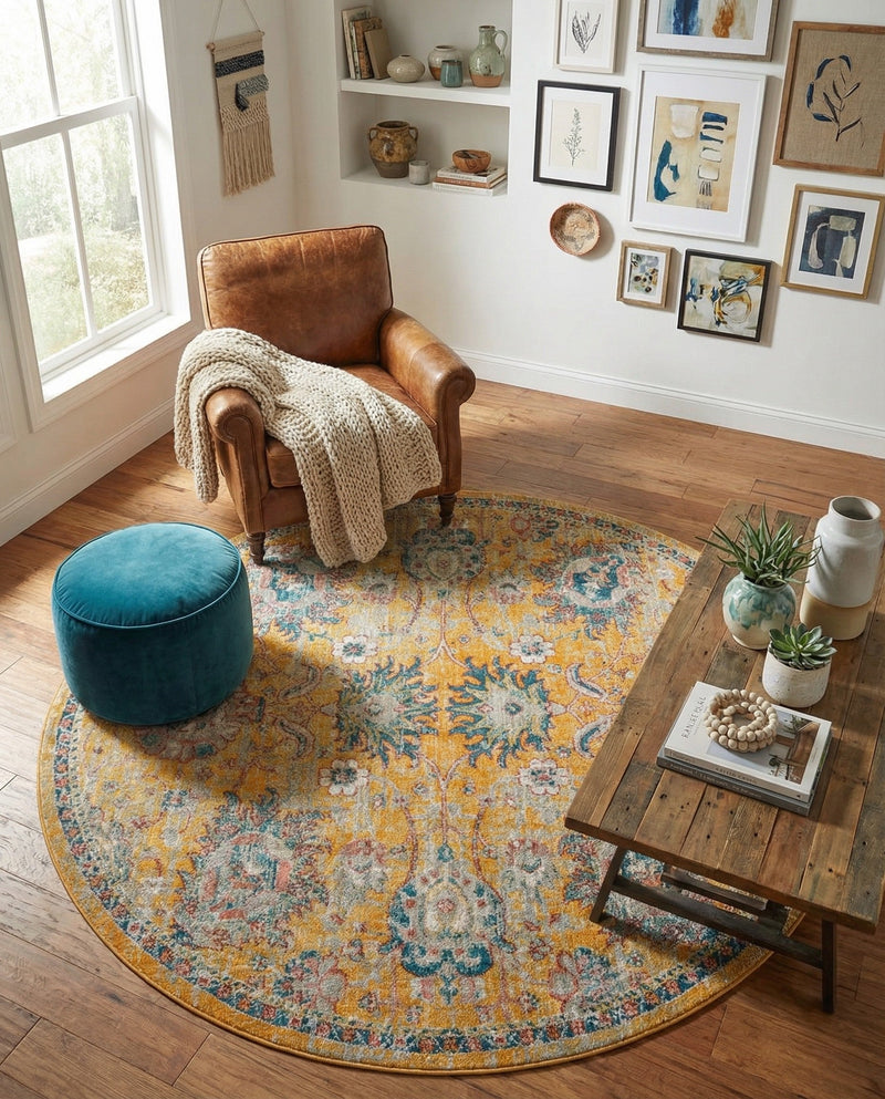 Seville Stripes Collection Area Rug -  Cordoba (Yellow) Round Yellow  lifestyle 23