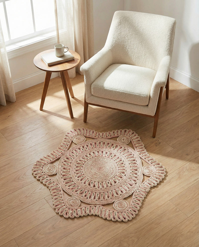 Woven Seaside Jute Collection Area Rug - Nantucket Round Pink and White  lifestyle 43