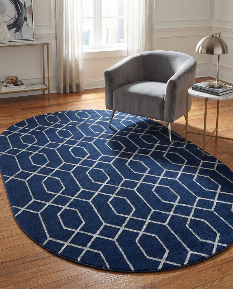 Hollywood Luxe Collection Area Rug - Sunset (Navy Blue Silver) Oval Navy Blue Silver  lifestyle 56