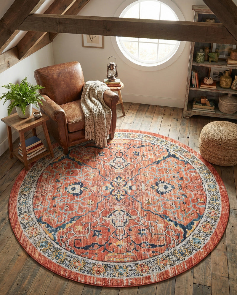 Seville Stripes Collection Area Rug -  Malaga (Brick Red) Round Brick Red  lifestyle 69