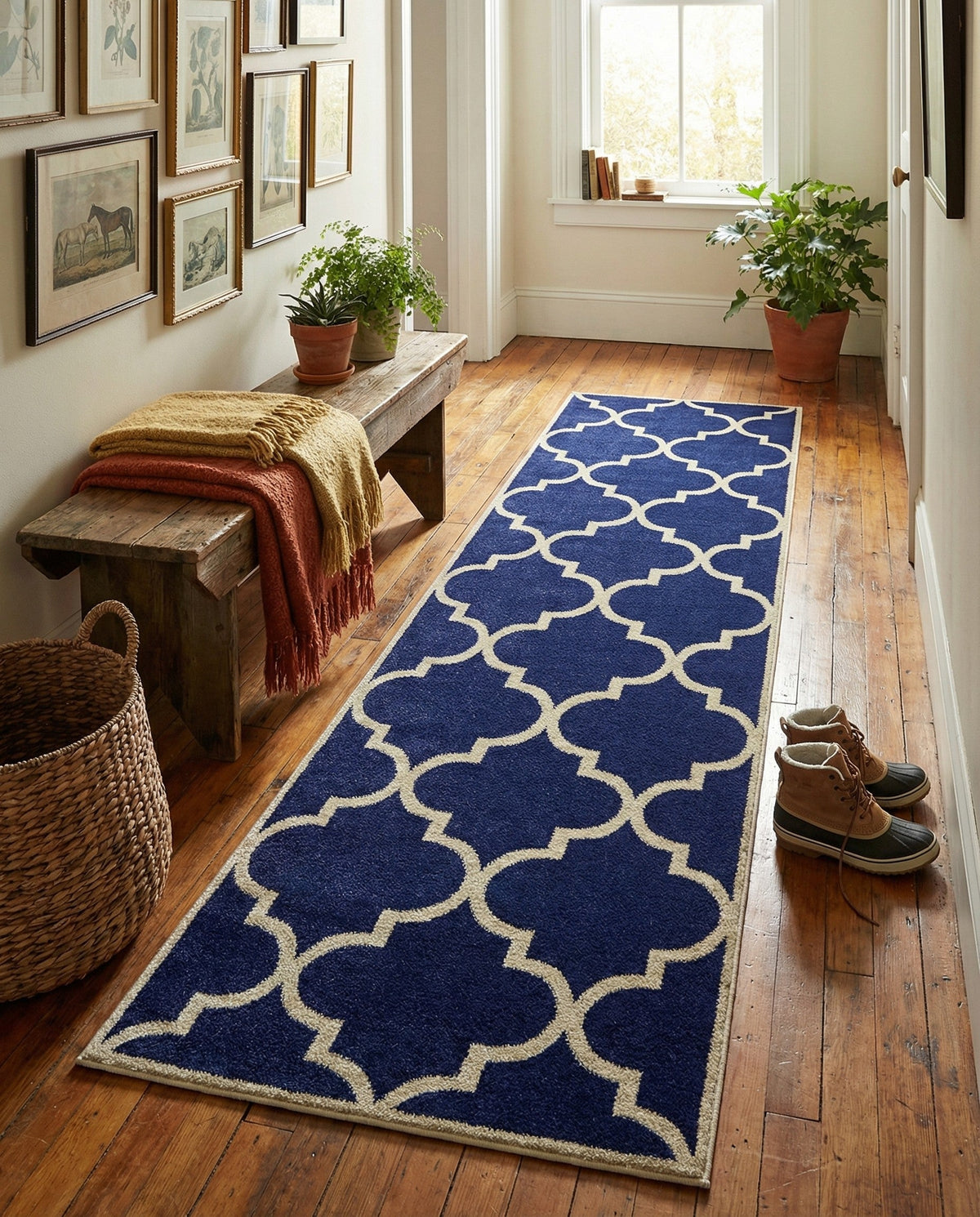 Lattice Gardens Collection Area Rug -  Espaliera Runner Navy Blue  lifestyle 137