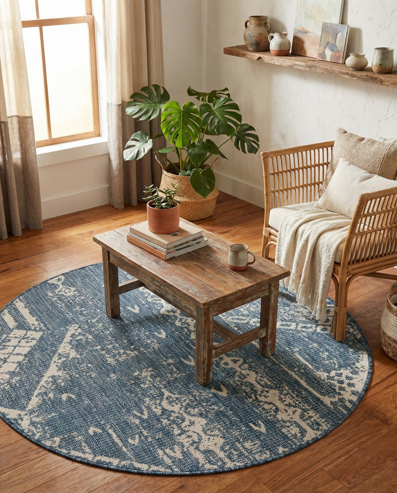 Desert Nomad Terrace Collection Area Rug - Sahara (Blue) Round Blue  lifestyle 67
