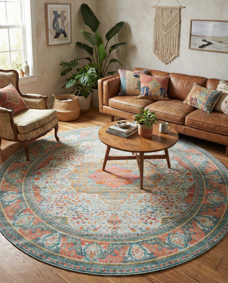 Caribbean Breeze Collection Area Rug -  Floriana Round Light Blue  lifestyle 73