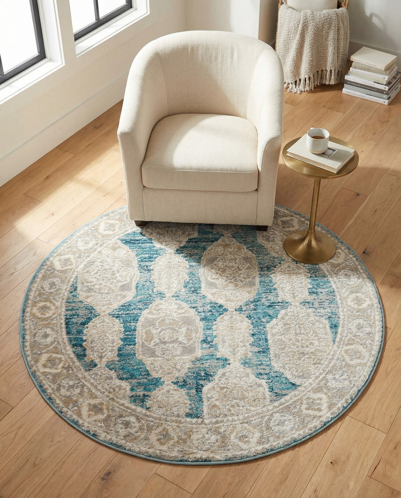 Seville Stripes Collection Area Rug -  Granada (Blue) Round Blue  lifestyle 65