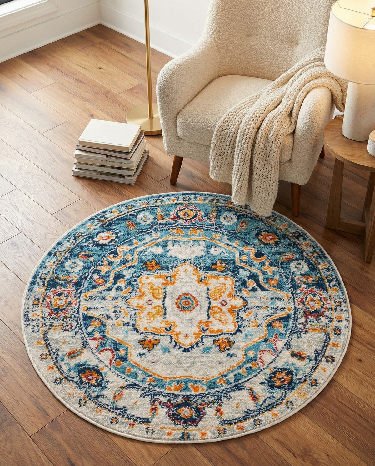Parisian Elegance Collection Area Rug - Versailles (Teal) Round Teal  lifestyle 86