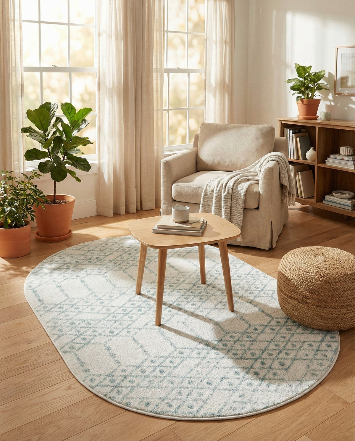 Marrakesh Lattice Collection Area Rug - Casablanca (Ivory Aqua) Oval Ivory Aqua  lifestyle 84