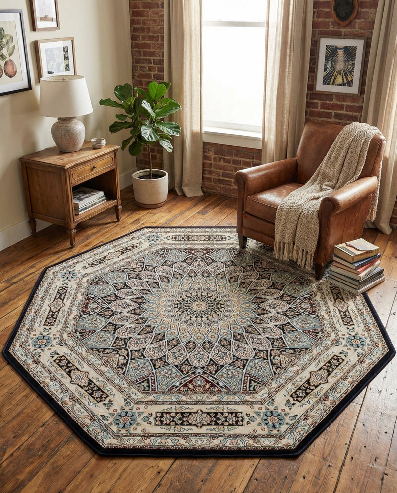 Persian Elegance Collection Area Rug -  Hamedan (Navy Blue) Octagon Navy Blue  lifestyle 93
